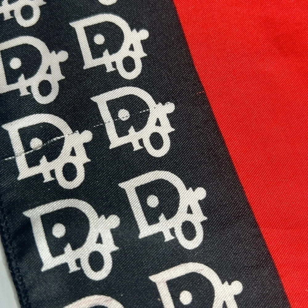 Vintage Christian Dior 35” Silk Red Black White Logo Scarf